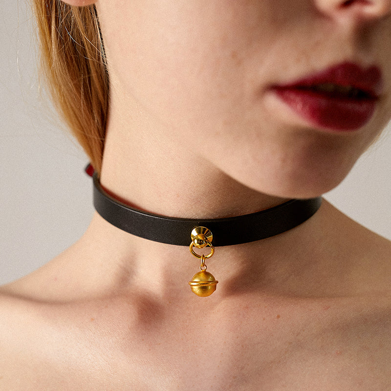 Minimalist Cowhide Leather BDSM Collar with Sterling Silver Bell and Leash Black&Red