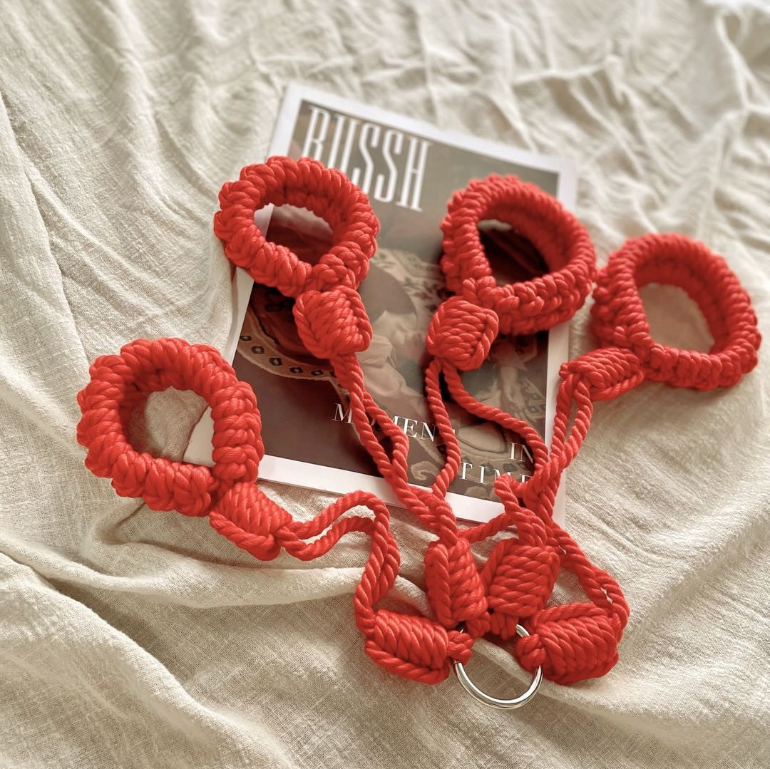 No-Escape Handcrafted Cotton Rope Cuffs - Soft Restraint Set (Red)