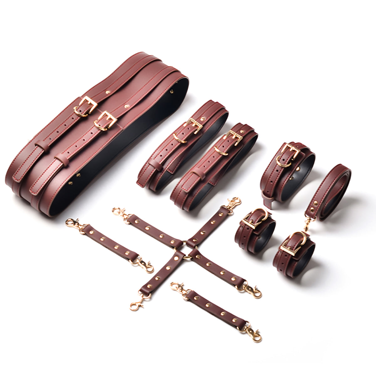 Luxury Dark Burgundy Leather Corset Restraint Set with Storage Bag