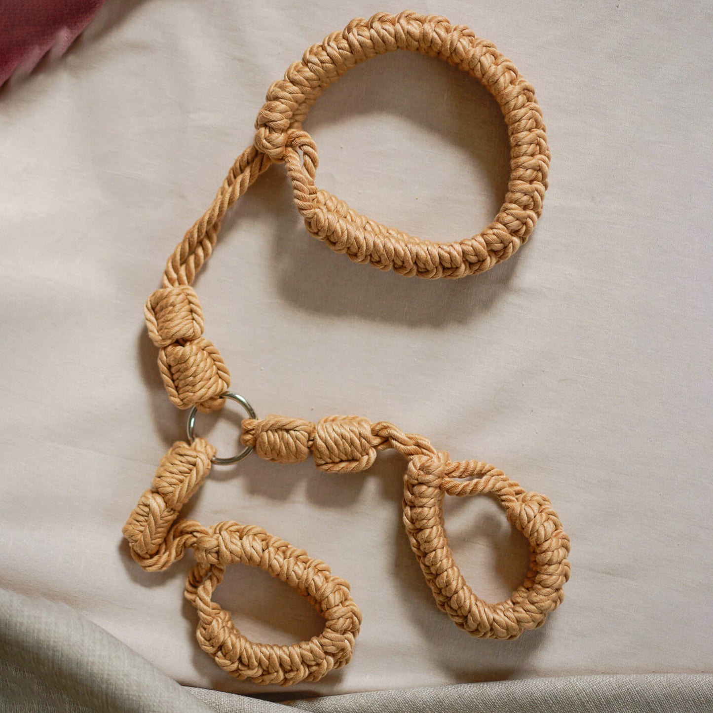 Soft Rope Bondage Collar to Wrist Restraint Set Beige