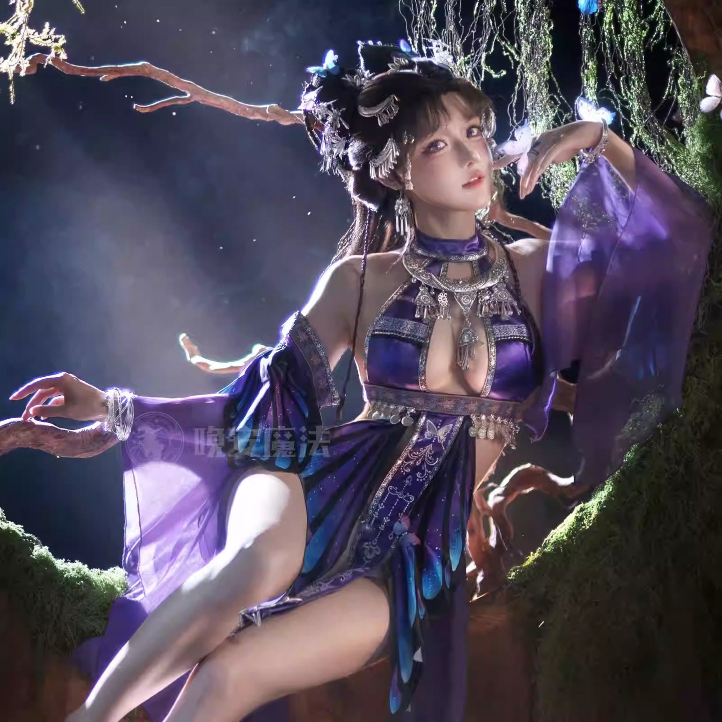 Enchanting Purple Sheer-Sleeve Sexy Chinese-Style Hanfu Dress with Silver Accents