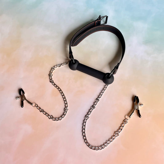 Silicone Dog Bone Mouth Gag with Chain Nipple Clamps