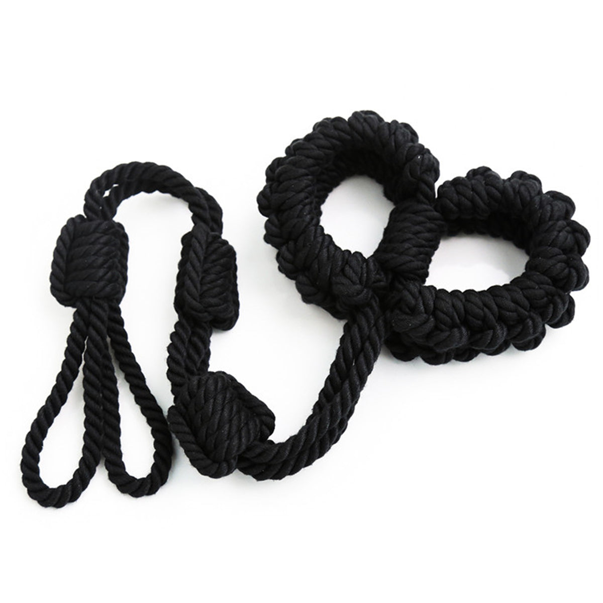 Soft Cotton Rope Bondage Wrist Cuffs with Leash Black