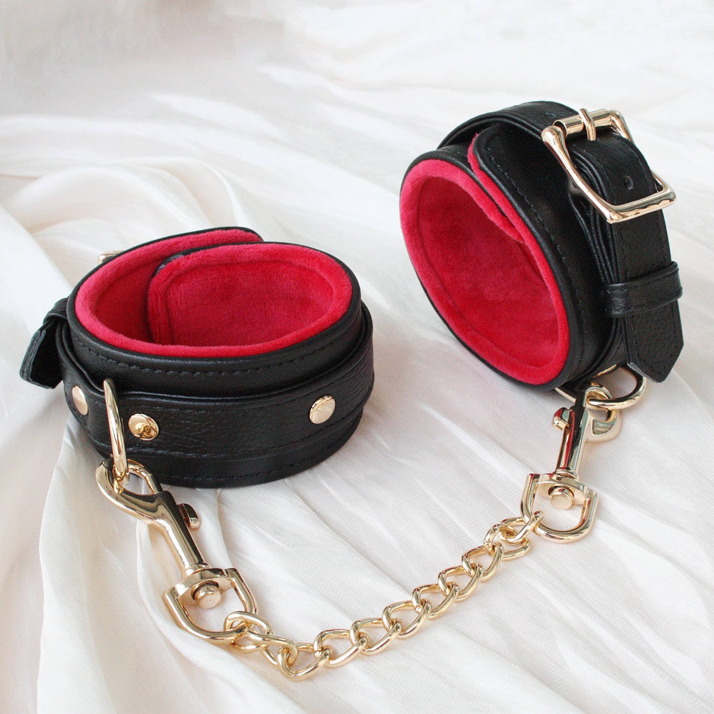 Premium Genuine Leather Wrist Cuffs with Soft Velvet Lining – Black & Red
