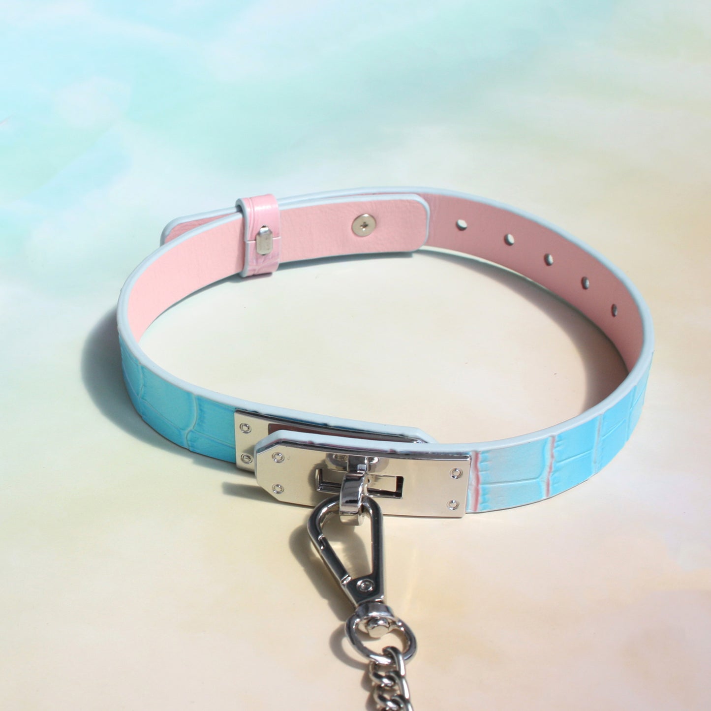 Blue-Pink Gradient Genuine Leather Restraint Collar with Lead
