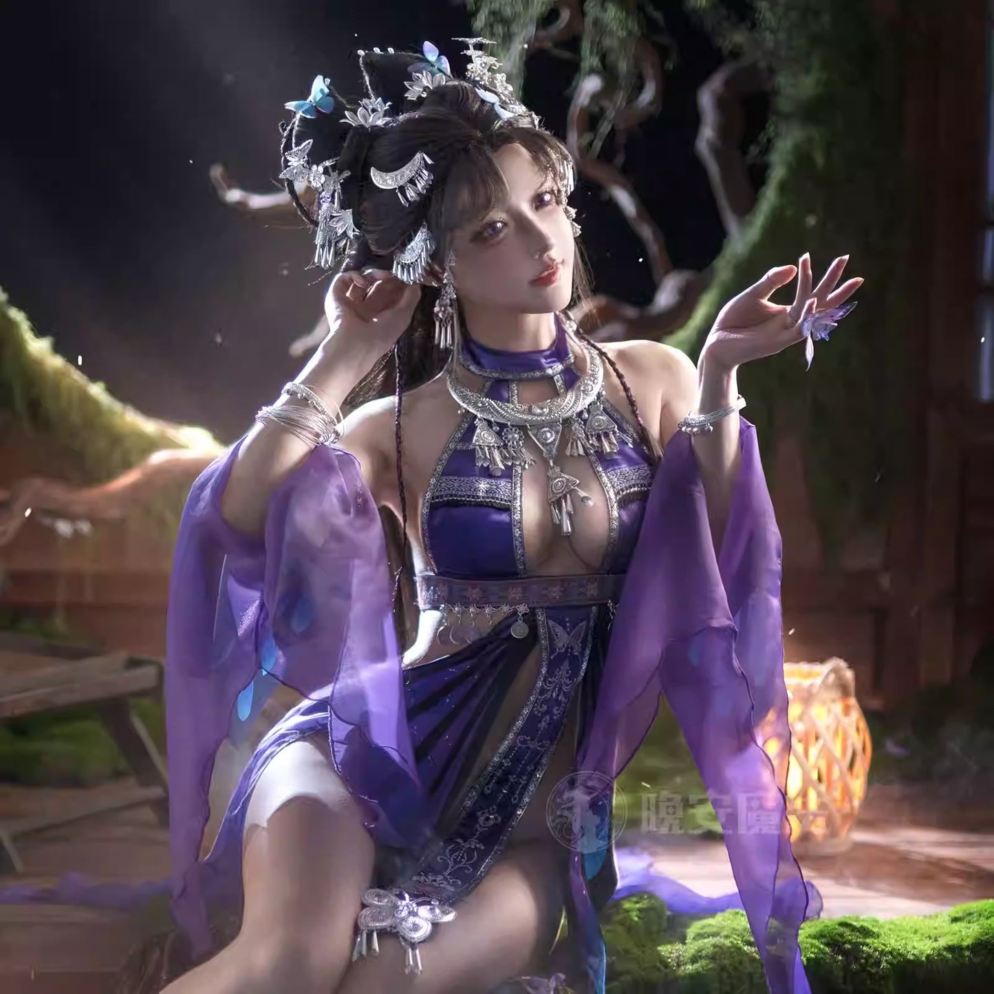 Enchanting Purple Sheer-Sleeve Sexy Chinese-Style Hanfu Dress with Silver Accents
