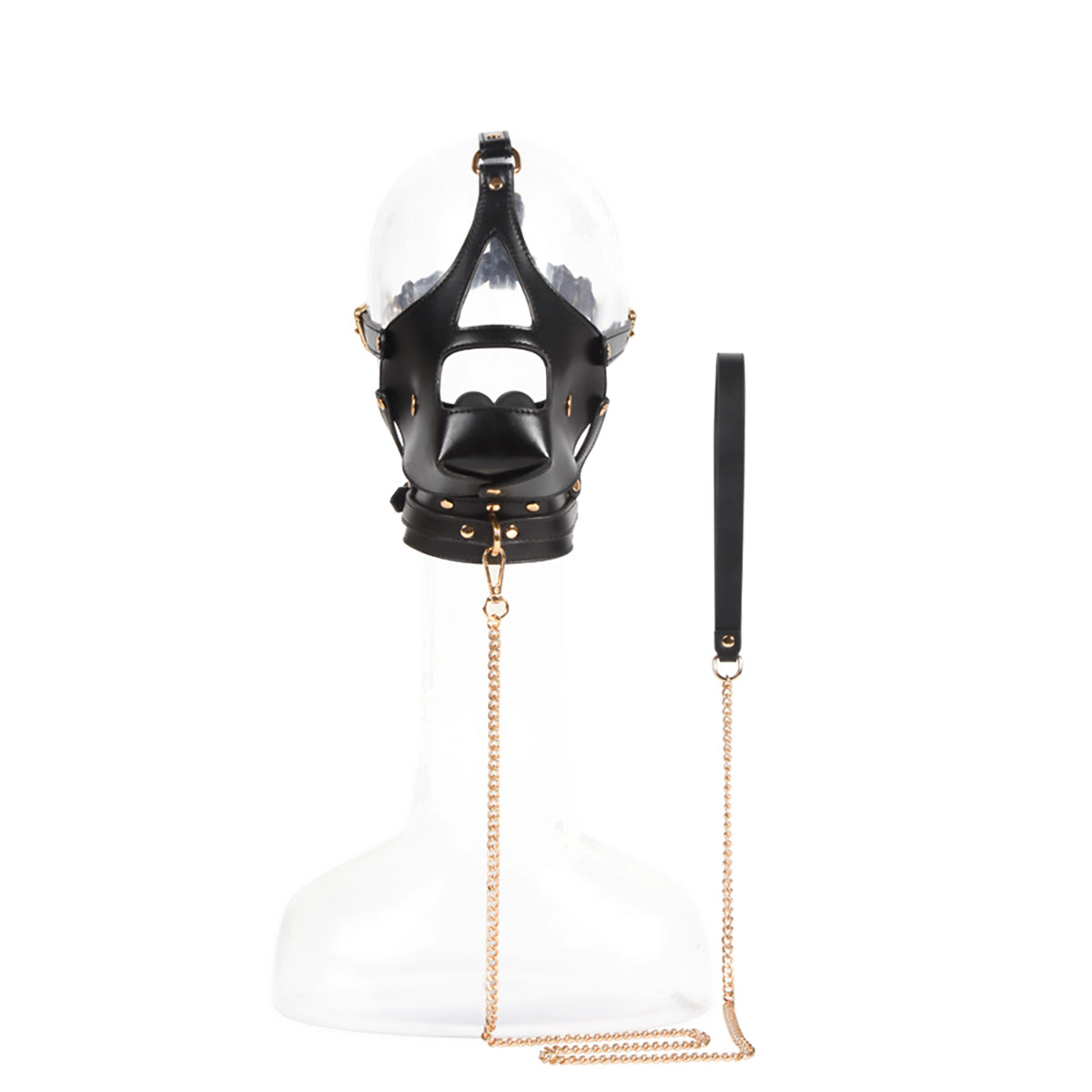 Front view of black vegan leather BDSM bondage muzzle with integrated silicone gag and matching leash by Sexy Maker, adjustable pet play gear.