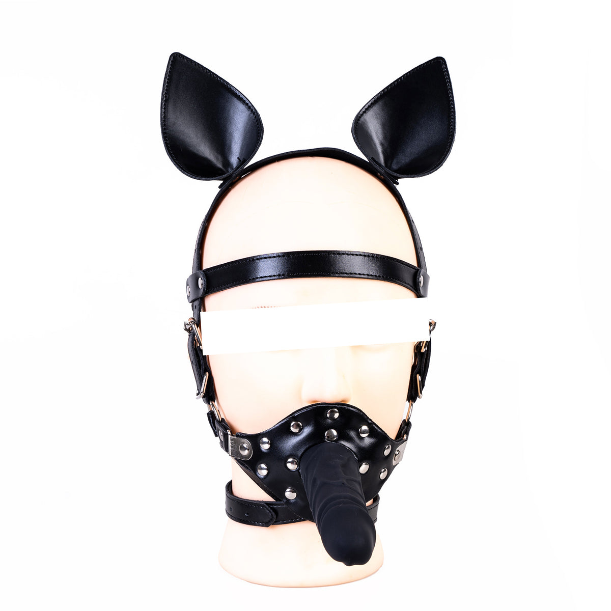 Dual-action silicone dildo gag head harness with puppy ears for pet play
