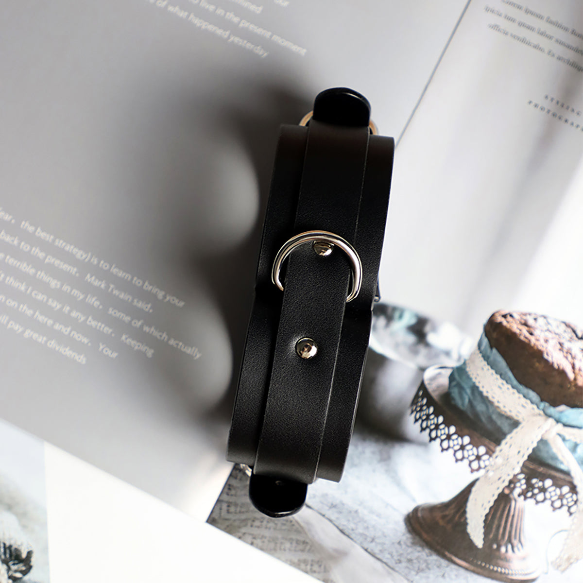 Minimalist Black Linked Faux Leather Wrist Cuffs with D-Ring