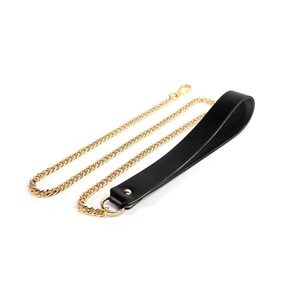 Elegant Gold O-Ring Leather Bondage Collar with Leash – Luxurious Control & Style