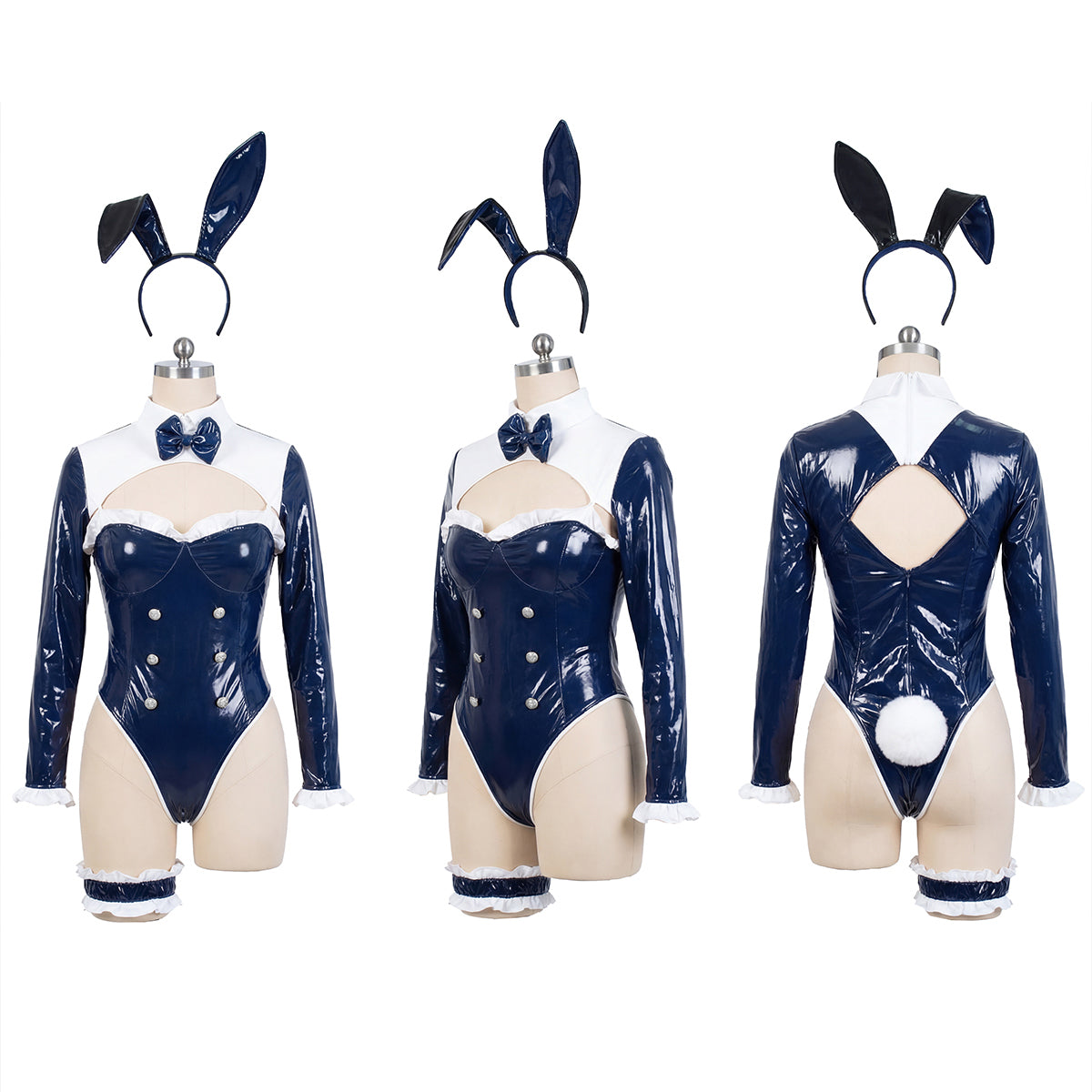 Luxury Enamel Bunny Girl High-Leg Long Sleeve Bodysuit Costume Navy Blue/Champagne Gold