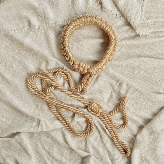 Handmade Cotton Rope Collar with Leash Beige – Soft Kinky Restraint for Bondage