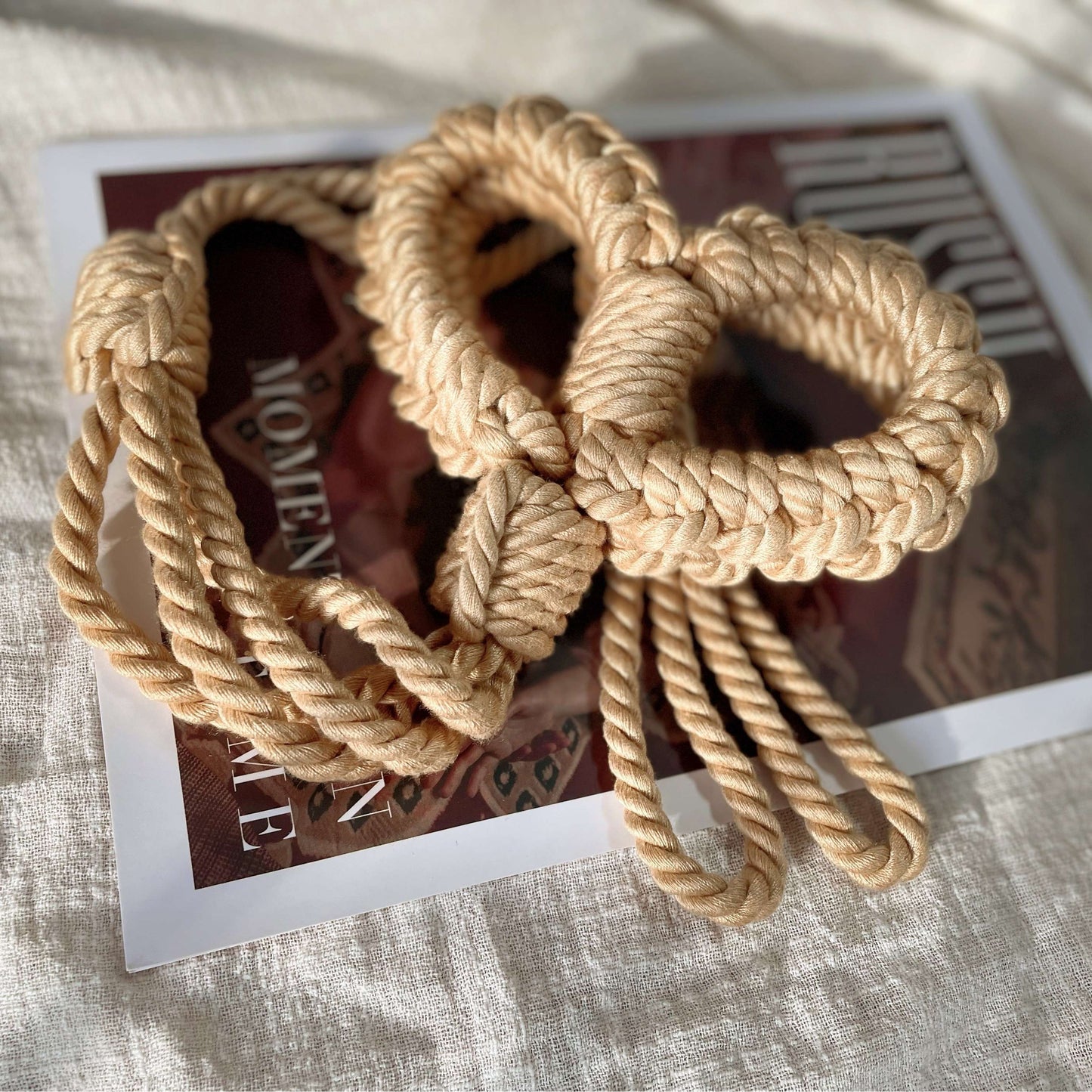 Soft Cotton Rope Bondage Wrist Cuffs with Leash Beige