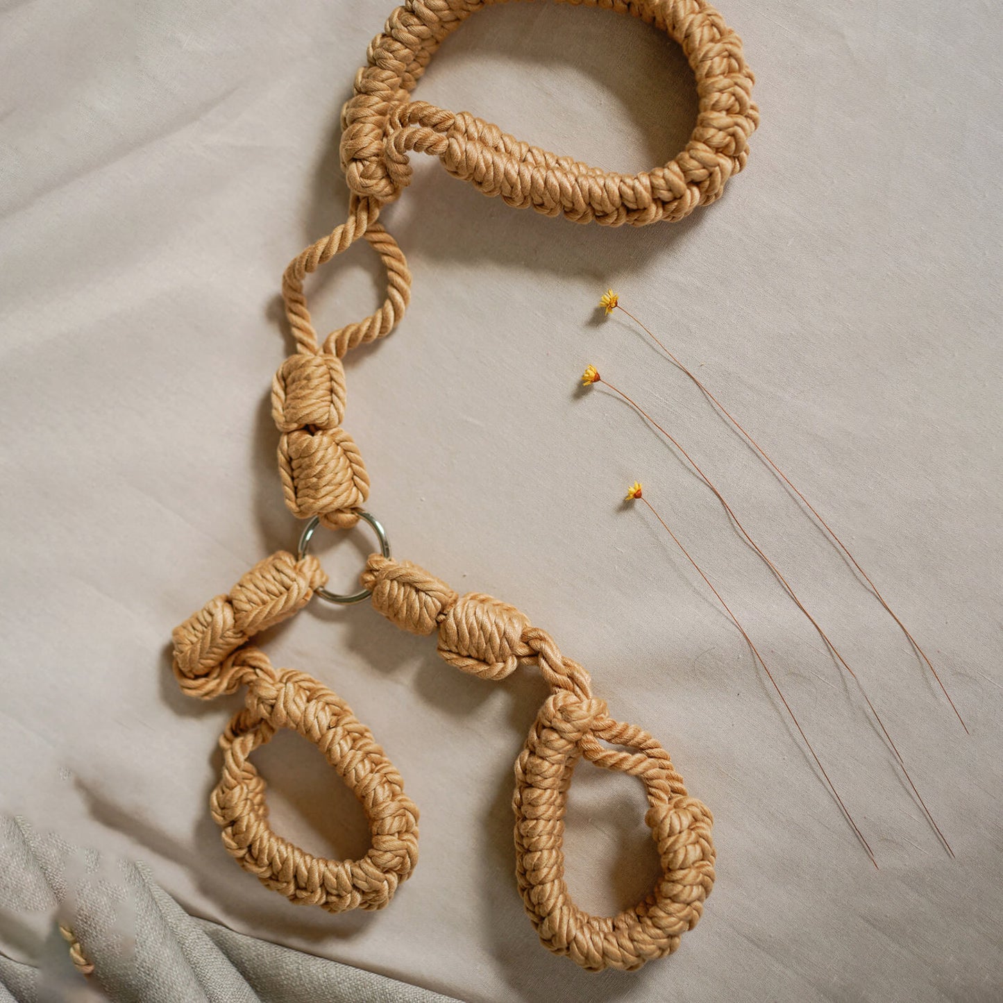 Soft Rope Bondage Collar to Wrist Restraint Set Beige