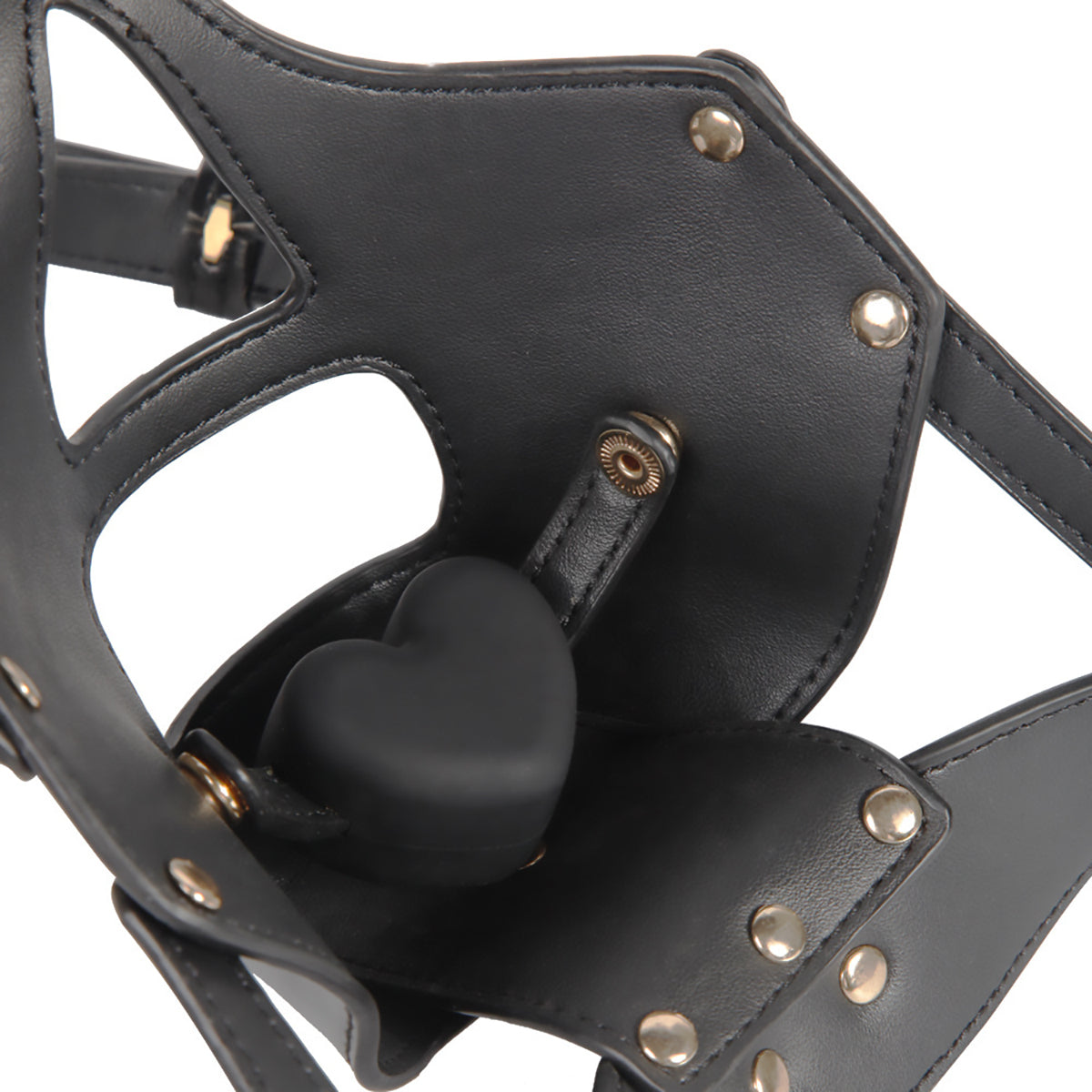 Front view of black vegan leather BDSM bondage muzzle with integrated silicone gag and matching leash by Sexy Maker, adjustable pet play gear.