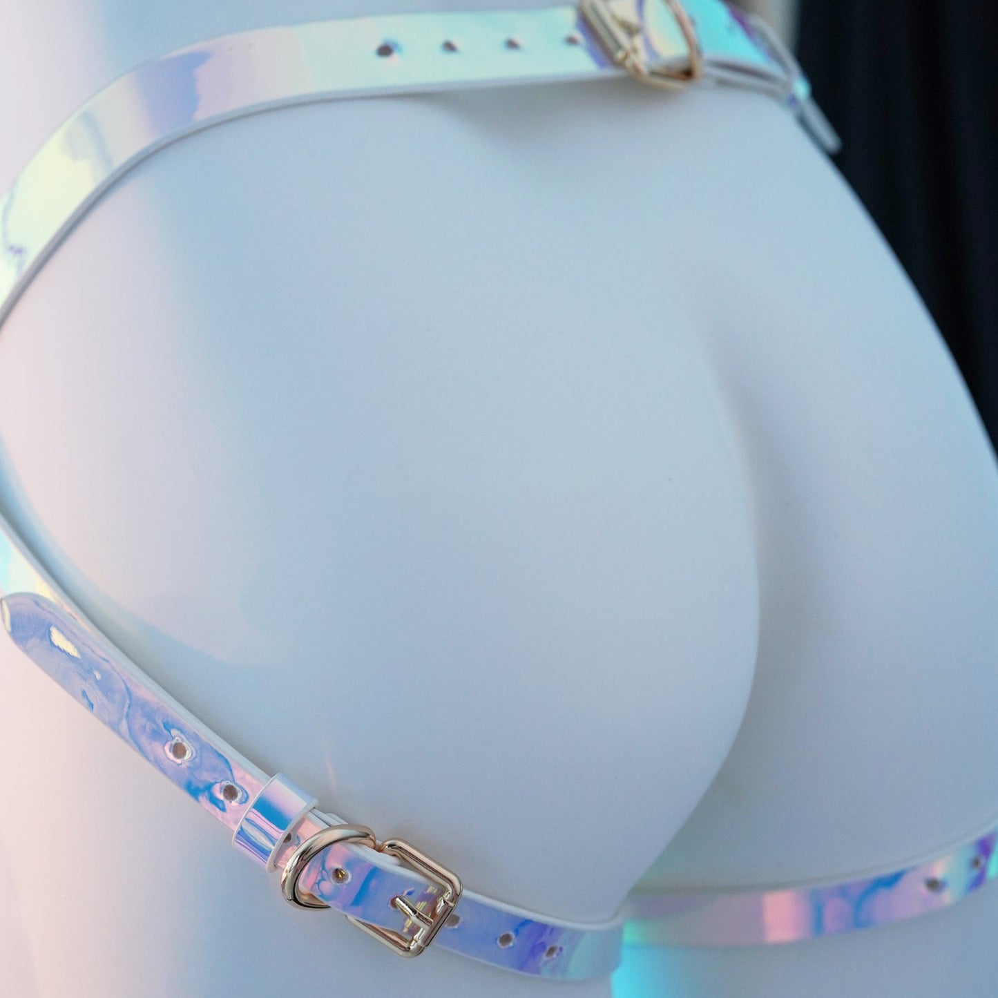 Stunning Aurora Blue PU Leather Strap on Harness with Clear Silicone Dildo
