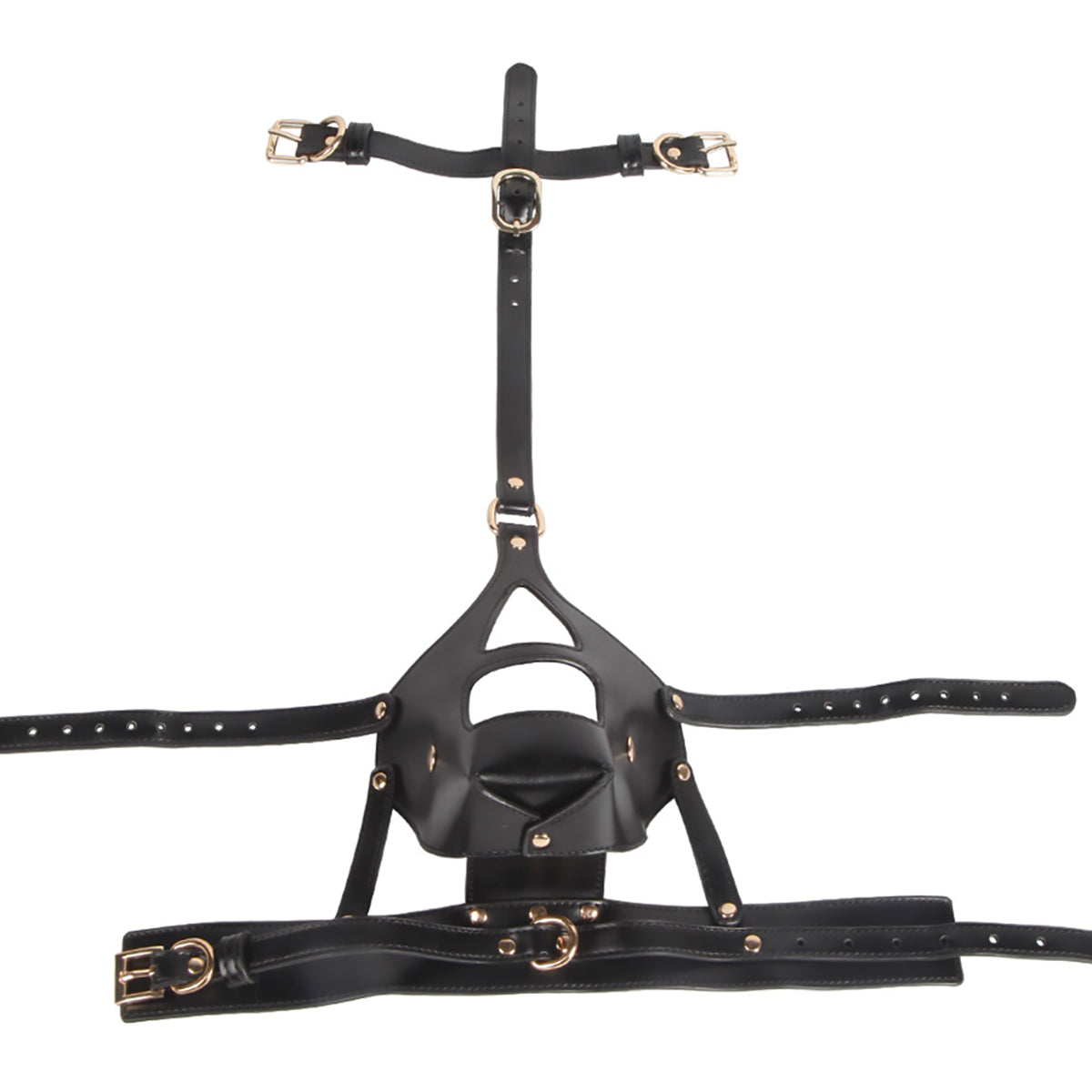 Front view of black vegan leather BDSM bondage muzzle with integrated silicone gag and matching leash by Sexy Maker, adjustable pet play gear.