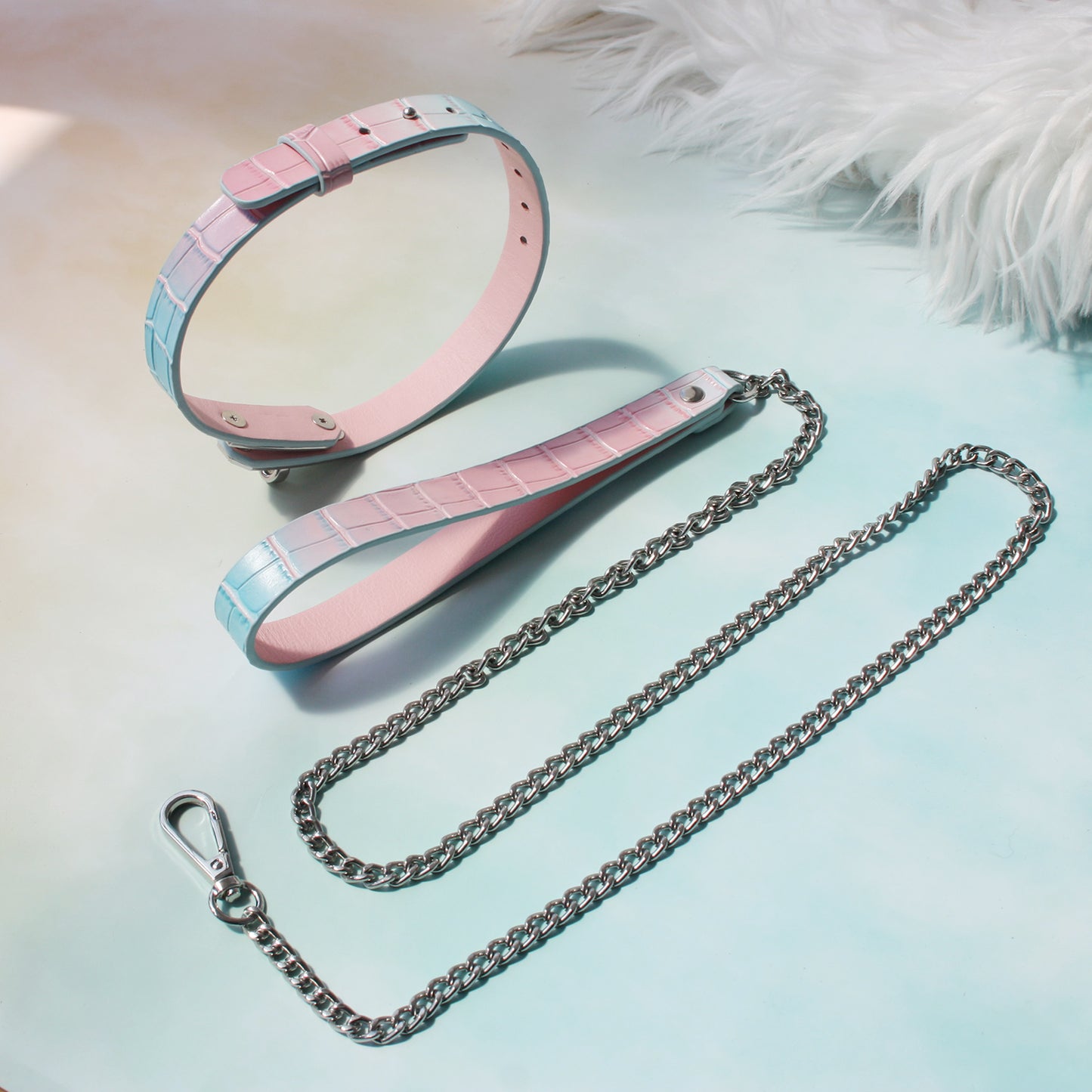 Blue-Pink Gradient Genuine Leather Restraint Collar with Lead