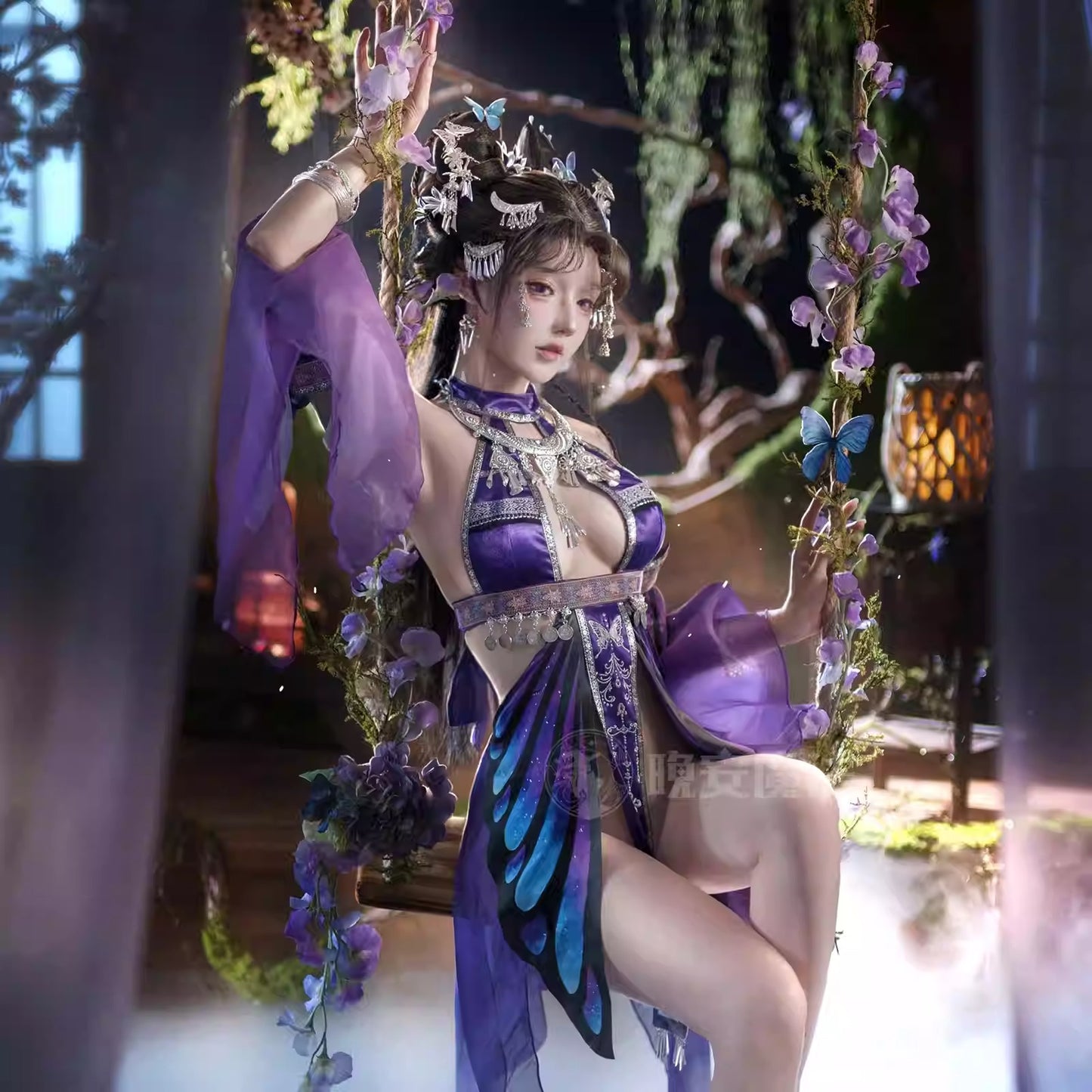 Enchanting Purple Sheer-Sleeve Sexy Chinese-Style Hanfu Dress with Silver Accents