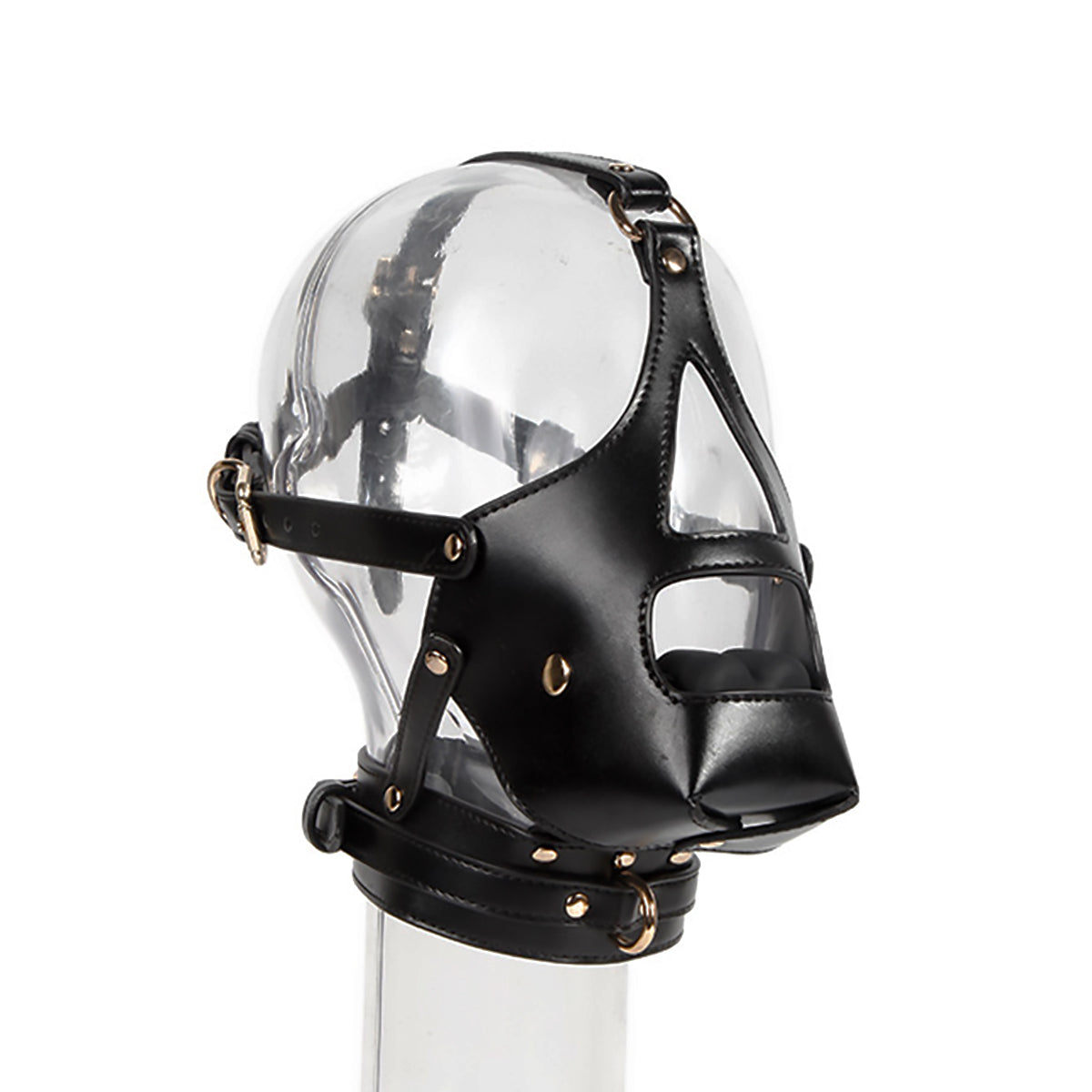 Front view of black vegan leather BDSM bondage muzzle with integrated silicone gag and matching leash by Sexy Maker, adjustable pet play gear.