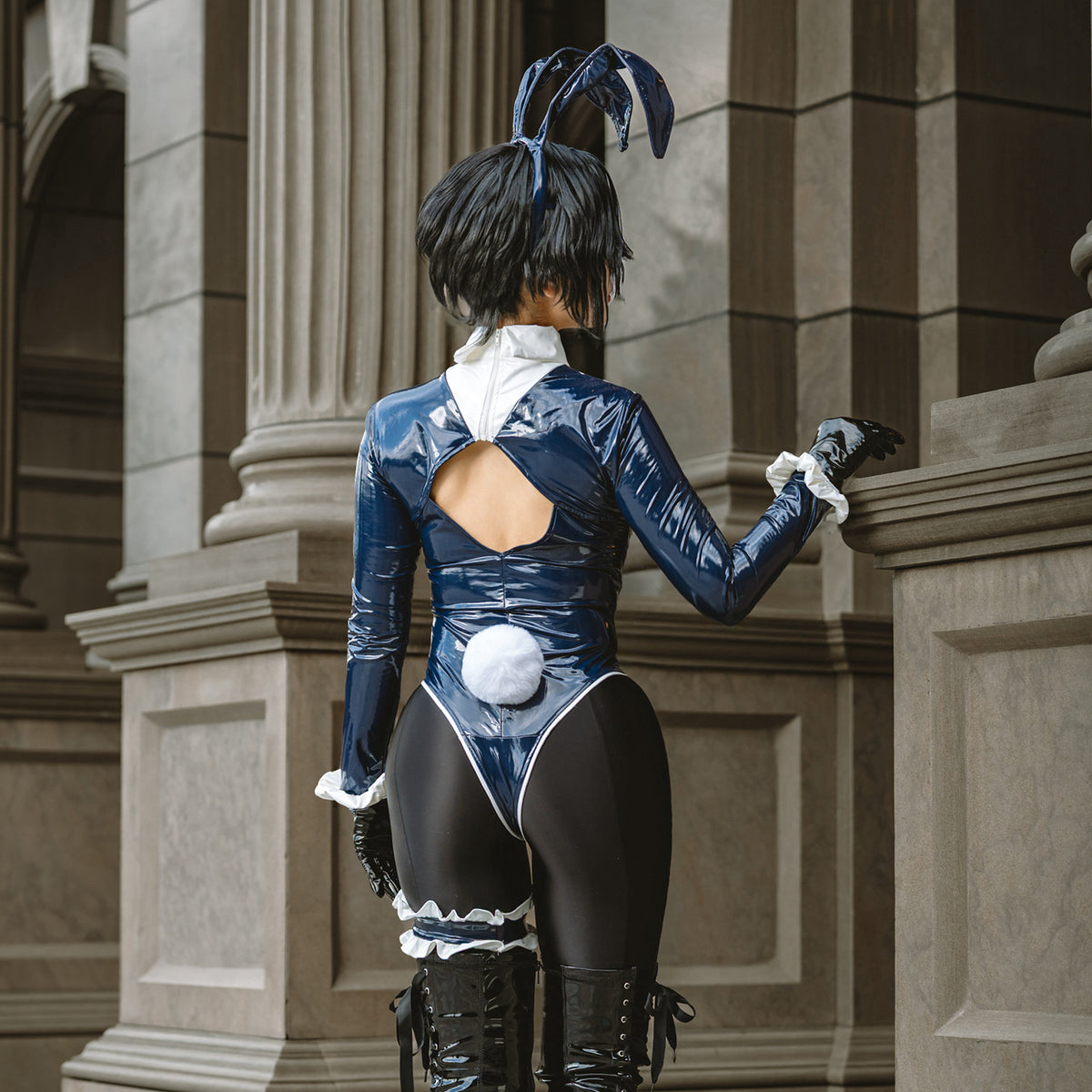 Luxury Enamel Bunny Girl High-Leg Long Sleeve Bodysuit Costume Navy Blue/Champagne Gold