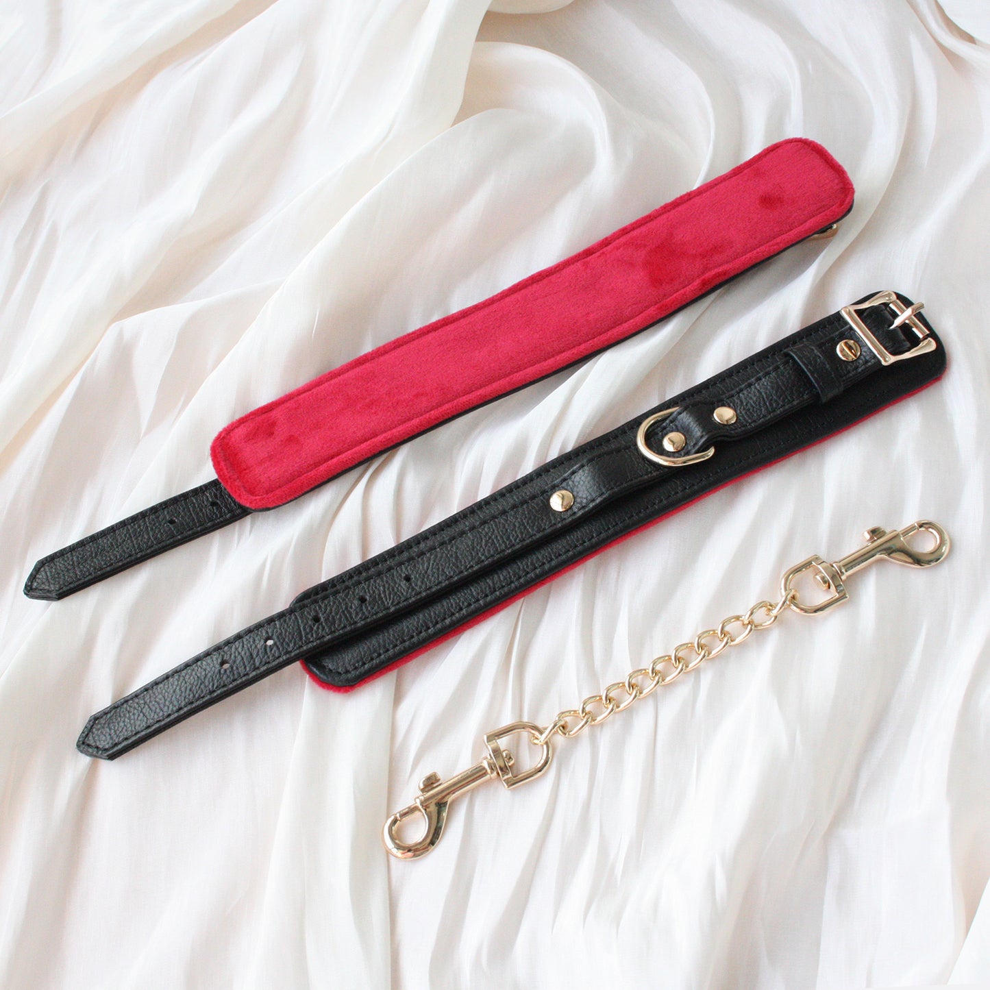 Premium Genuine Leather Wrist Cuffs with Soft Velvet Lining – Black & Red