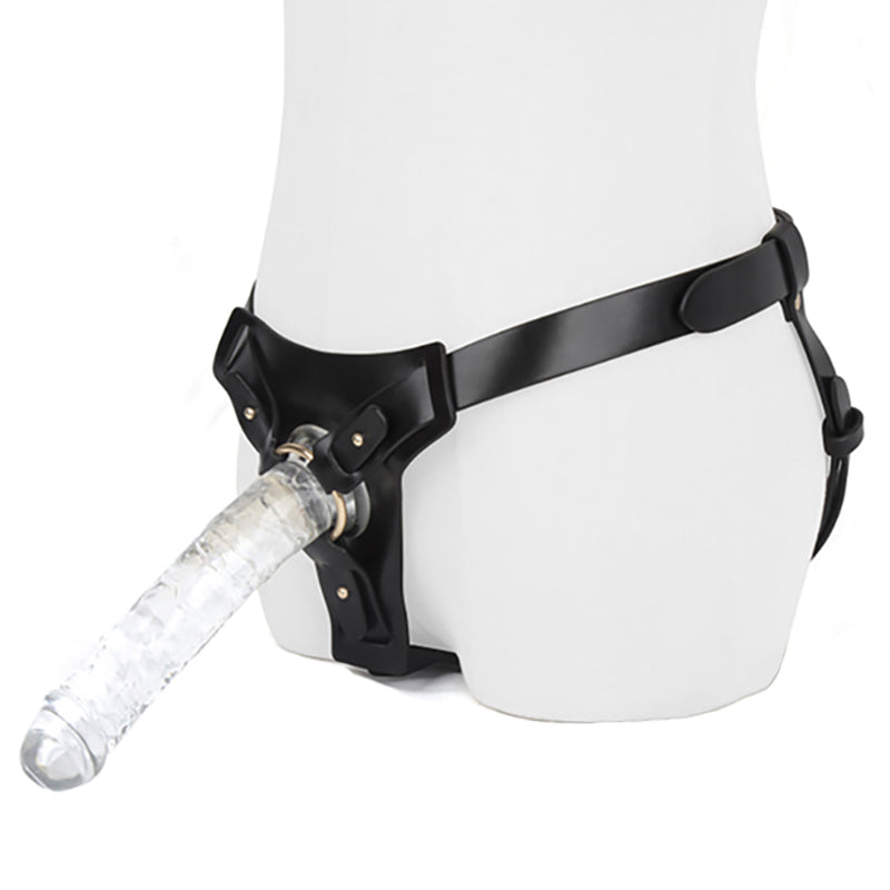 Lesbian Pants with Clear Dildo Black Vegan Leather Strap On Harness