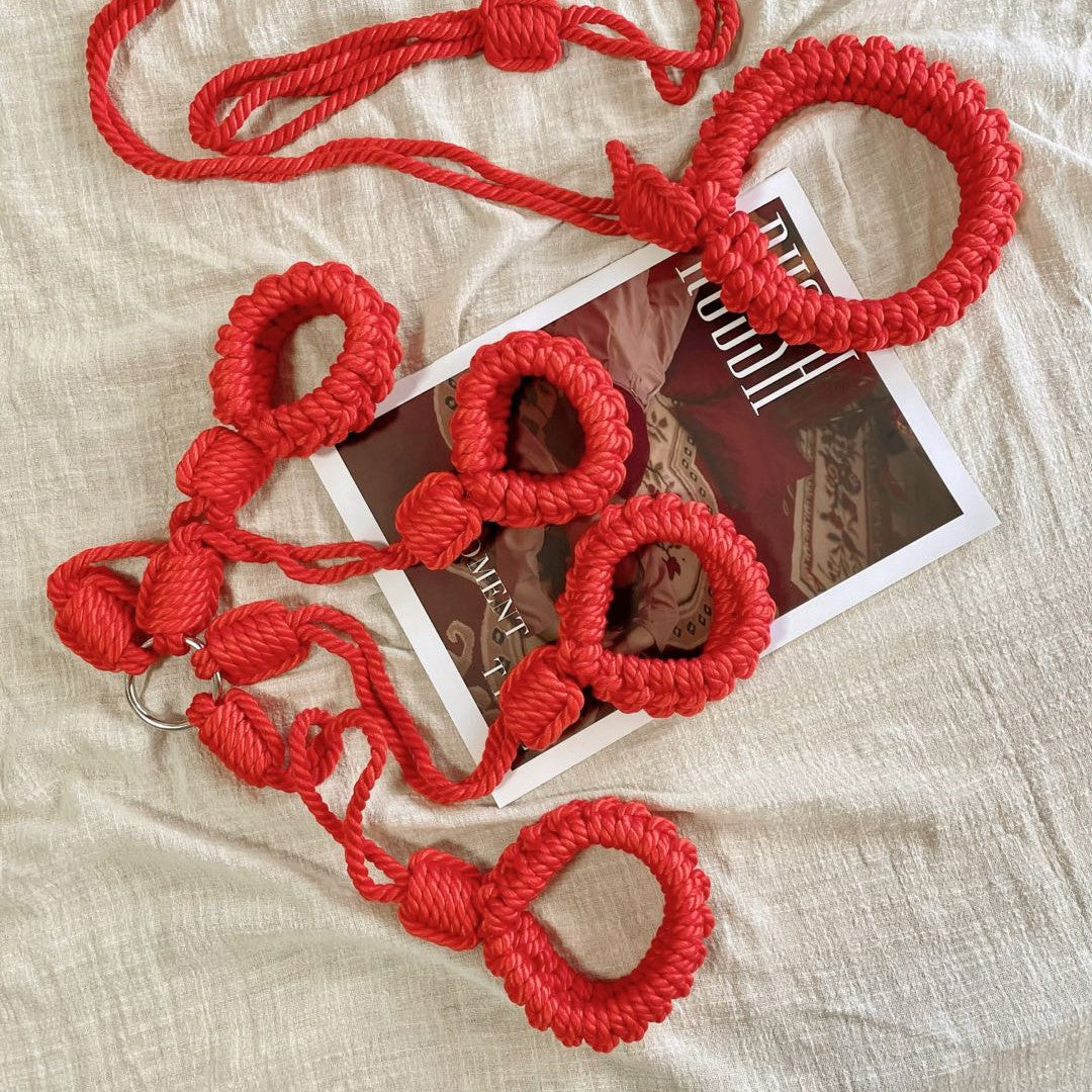No-Escape Handcrafted Cotton Rope Cuffs - Soft Restraint Set (Red)