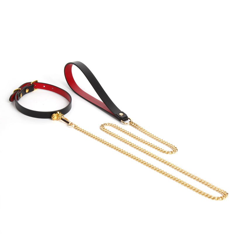 Minimalist Cowhide Leather BDSM Collar with Sterling Silver Bell and Leash Black&Red