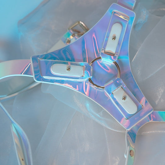 Stunning Aurora Blue PU Leather Strap on Harness with Clear Silicone Dildo