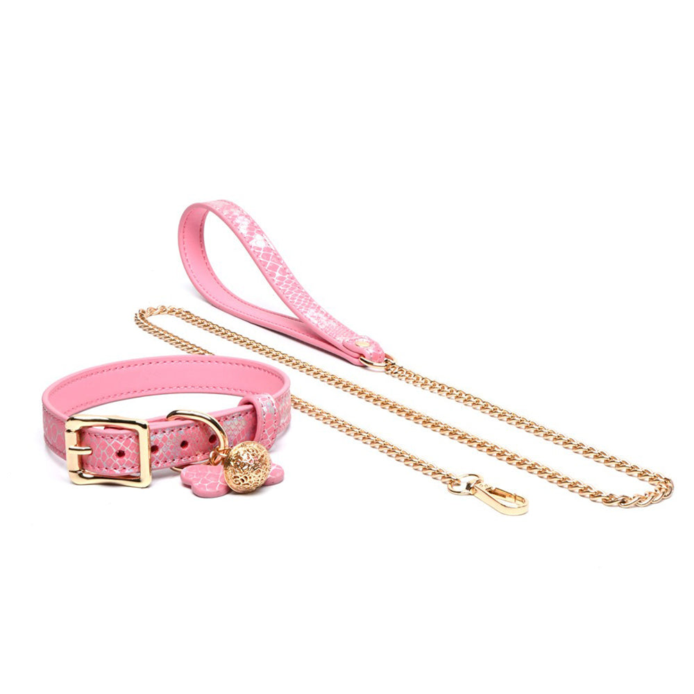 Seductive Dog Bone Charm BDSM Collar with Bell & Leash Pink/Black