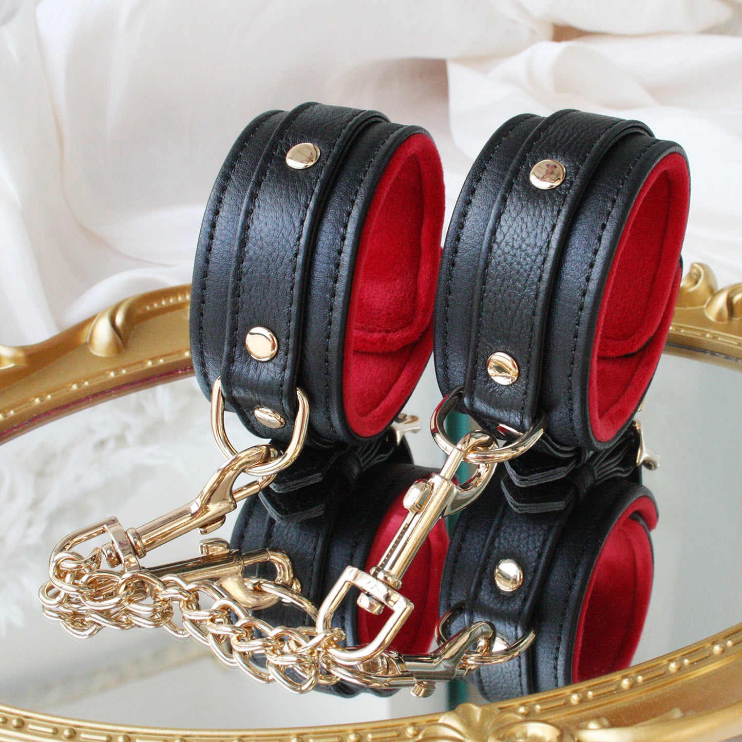 Premium Genuine Leather Wrist Cuffs with Soft Velvet Lining – Black & Red