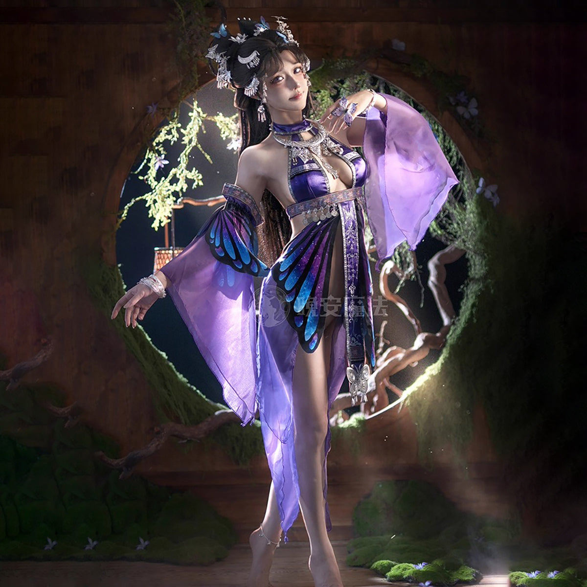 Enchanting Purple Sheer-Sleeve Sexy Chinese-Style Hanfu Dress with Silver Accents