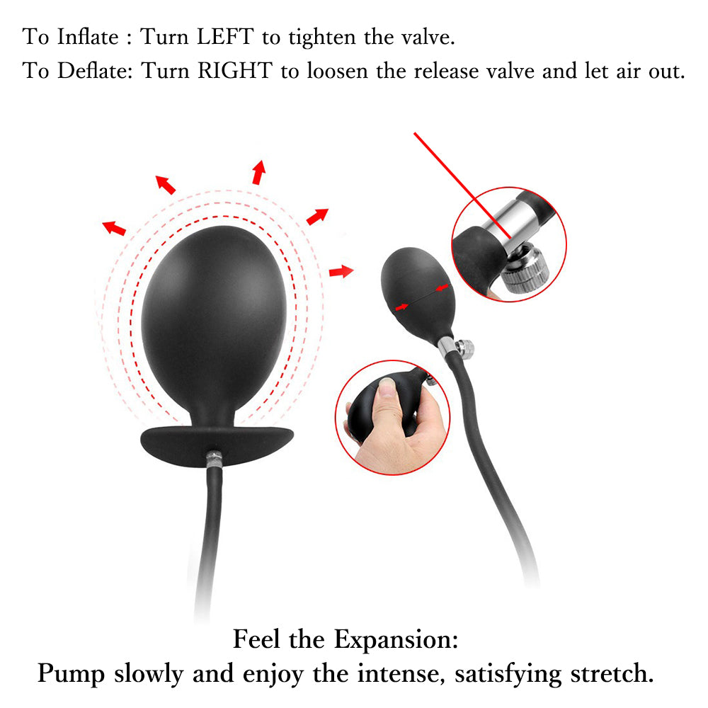 Black expandable inflatable silicone anal plug with detachable air pump for customizable stretching and public play by Sexy Maker.