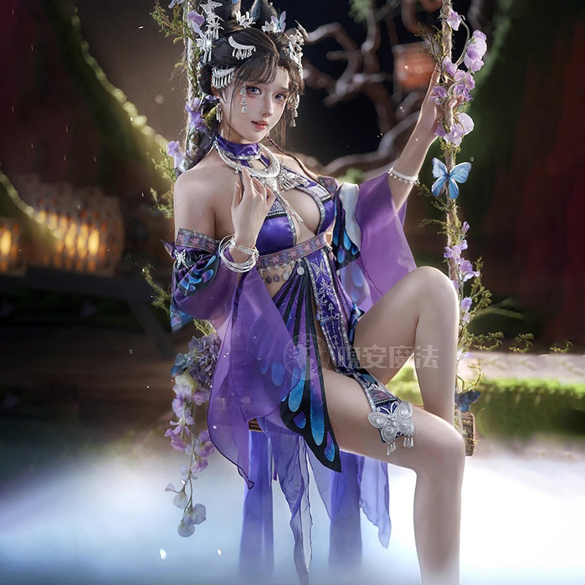 Enchanting Purple Sheer-Sleeve Sexy Chinese-Style Hanfu Dress with Silver Accents