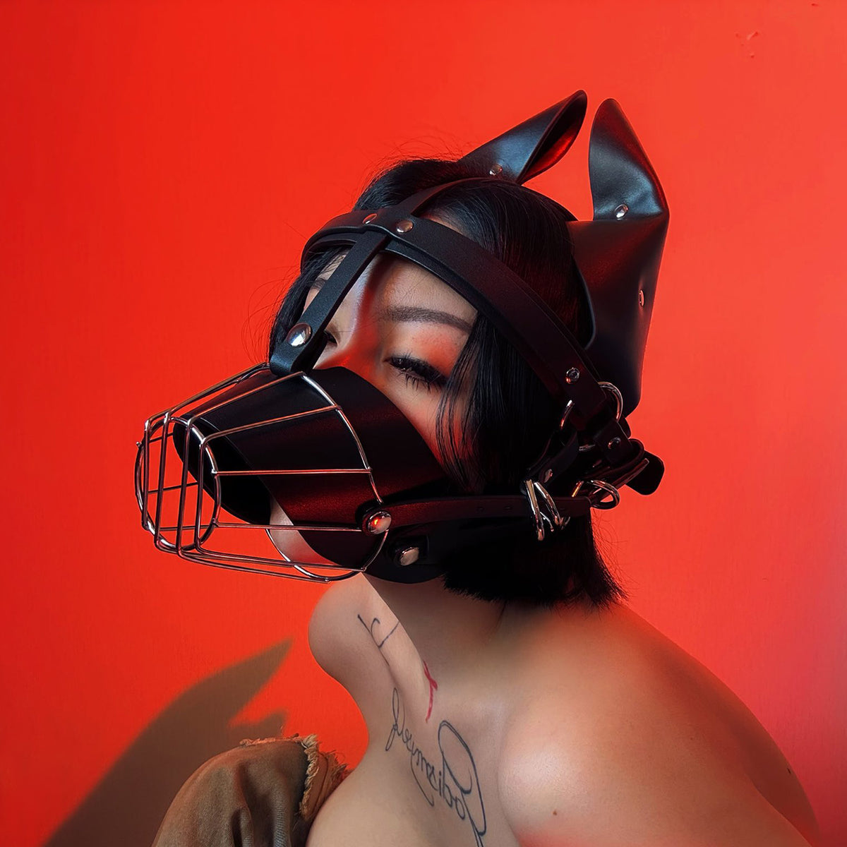 Human Muzzle Metal Pet Play with Metal Cage