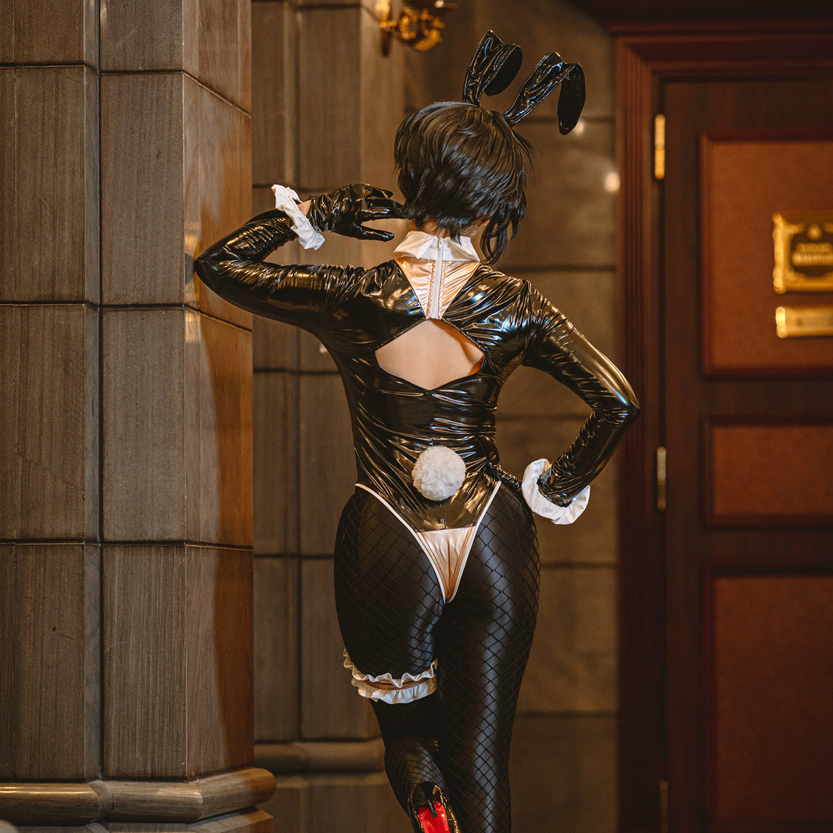 Luxury Enamel Bunny Girl High-Leg Long Sleeve Bodysuit Costume Navy Blue/Champagne Gold