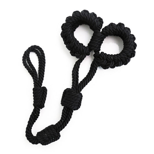 Soft Cotton Rope Bondage Wrist Cuffs with Leash Black