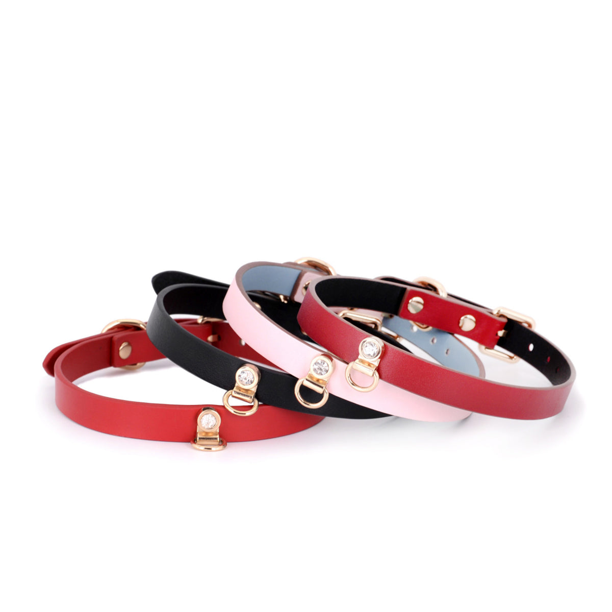 Handmade Shining Stone BDSM Leather Bondage Choker with Leash 4-colors