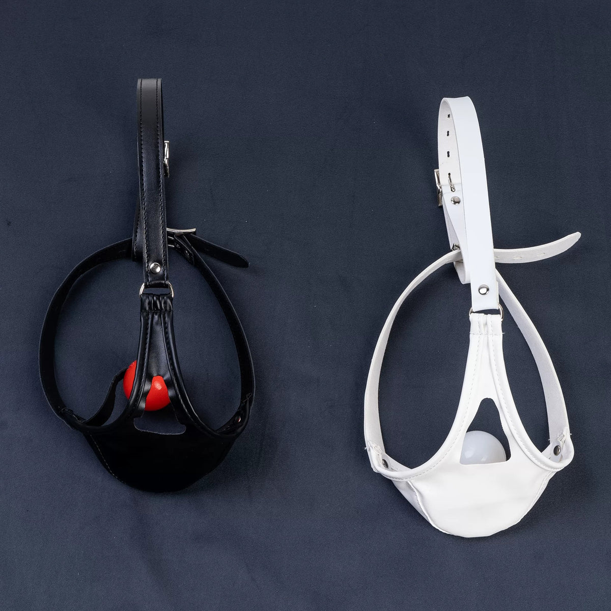 Glossy Vegan Leather Head Harness Ball Gag - Forced Open-Mouth Mask