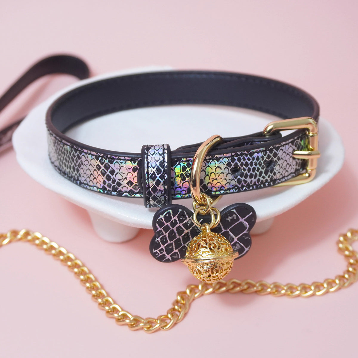 Seductive Dog Bone Charm BDSM Collar with Bell & Leash Pink/Black