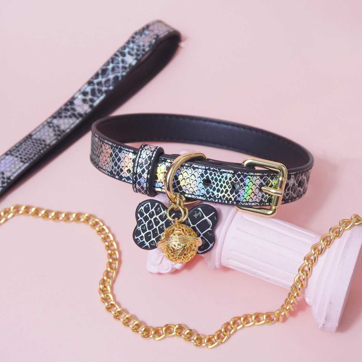 Seductive Dog Bone Charm BDSM Collar with Bell & Leash Pink/Black