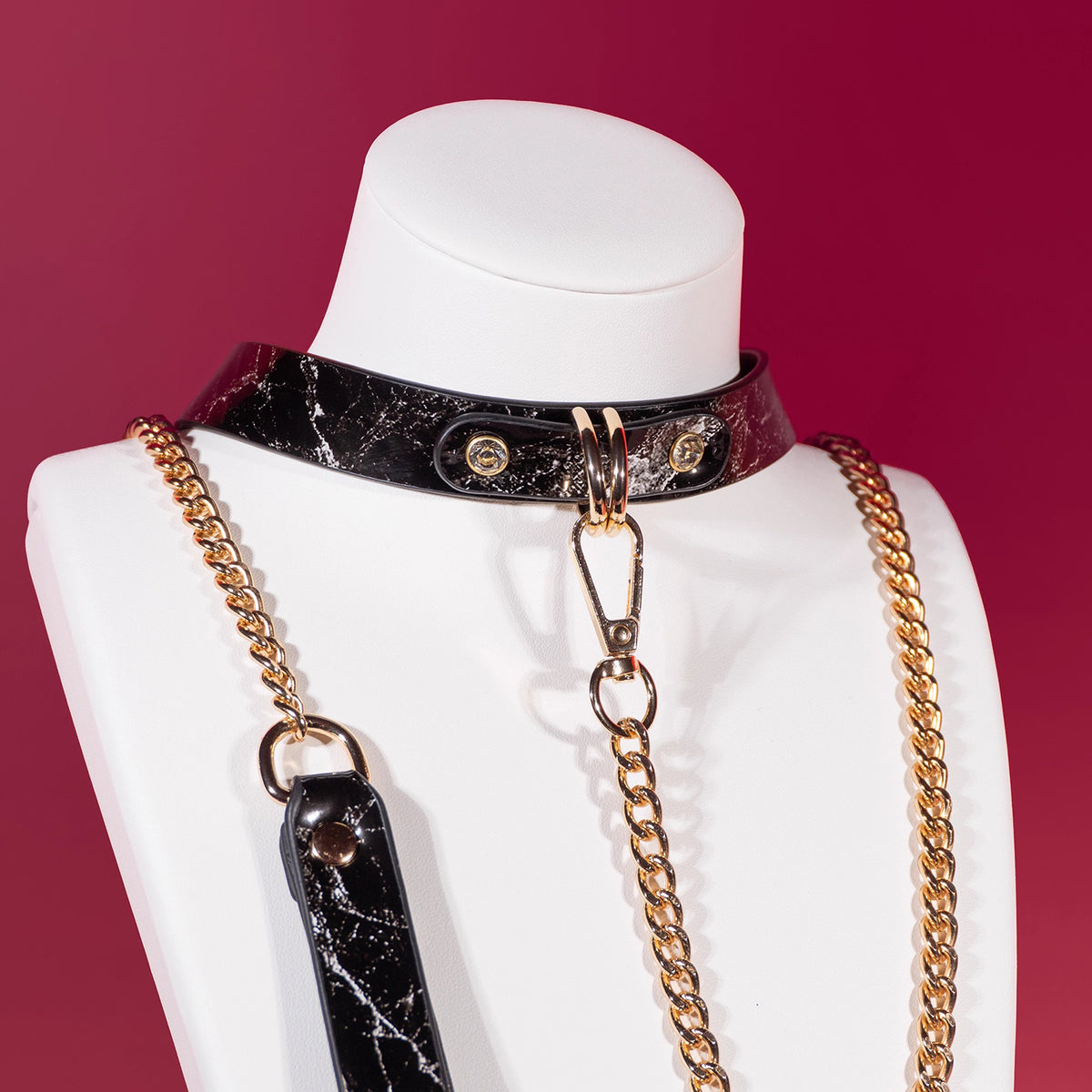 Heart-Shaped Lock Marble-Pattern Leather Bondage Collar with Leash