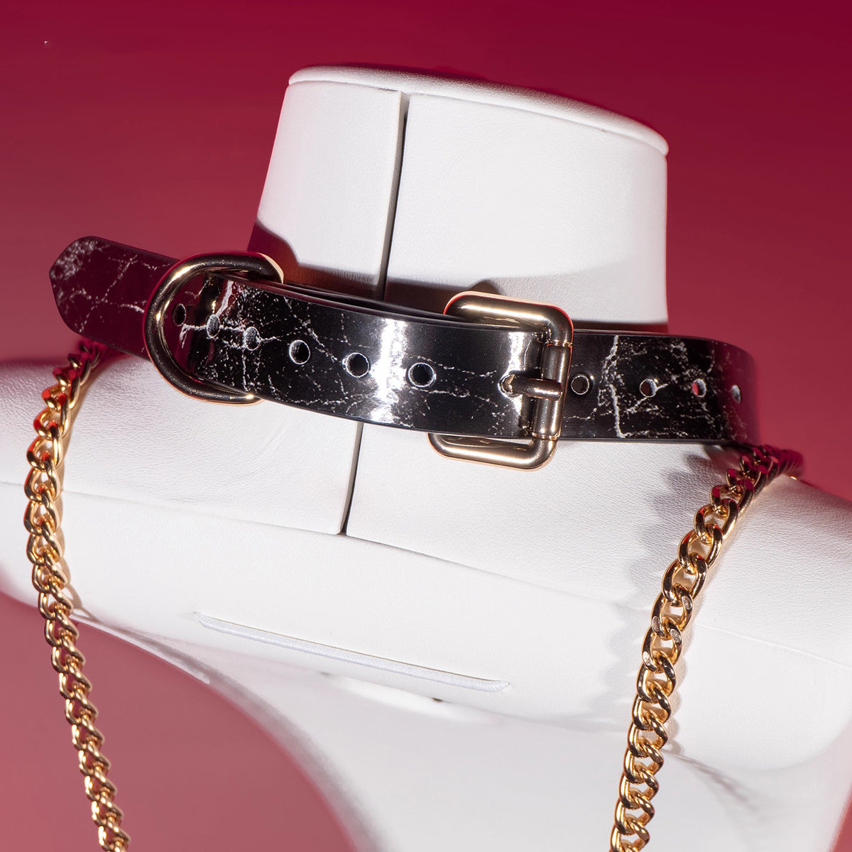 Heart-Shaped Lock Marble-Pattern Leather Bondage Collar with Leash