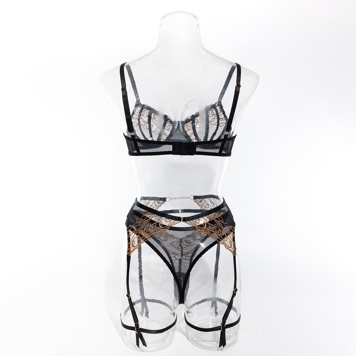 Black&Gold Chain Lace Lingerie Set – Luxury Seductive 3-Piece Garter Set