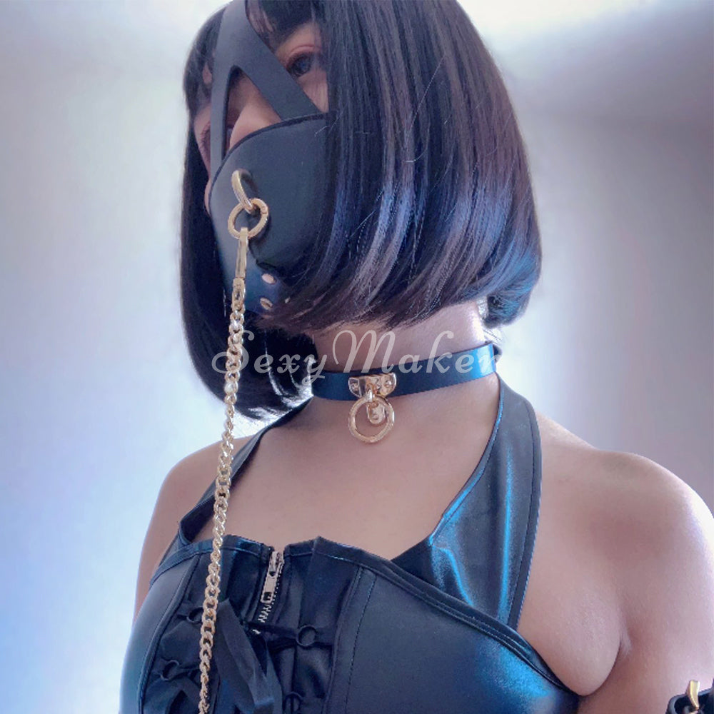 Half Hood Head Bondage Muzzle Mask with Leash