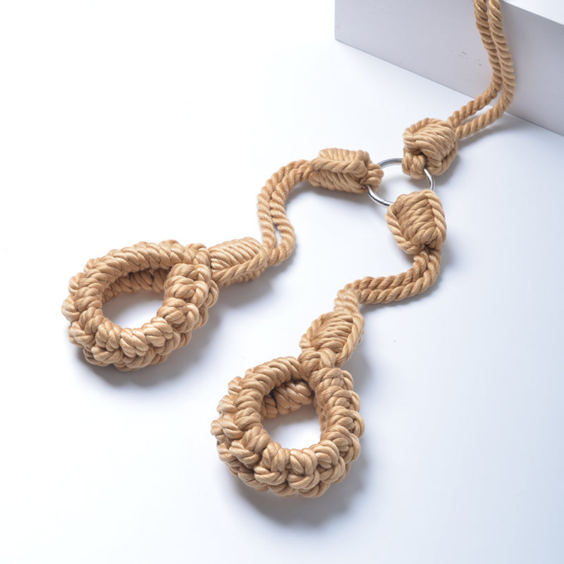 Soft Rope Bondage Collar to Wrist Restraint Set Beige