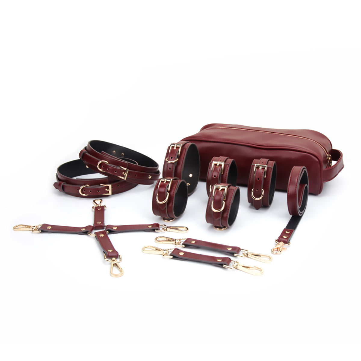 Burgundy Vegan Leather Bondage Set with Storege Bag 7-Piece