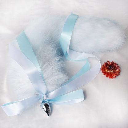 Fluffy Ice Blue and white Tail Anal Butt Plug - Customizable Tail Length & Plug Size