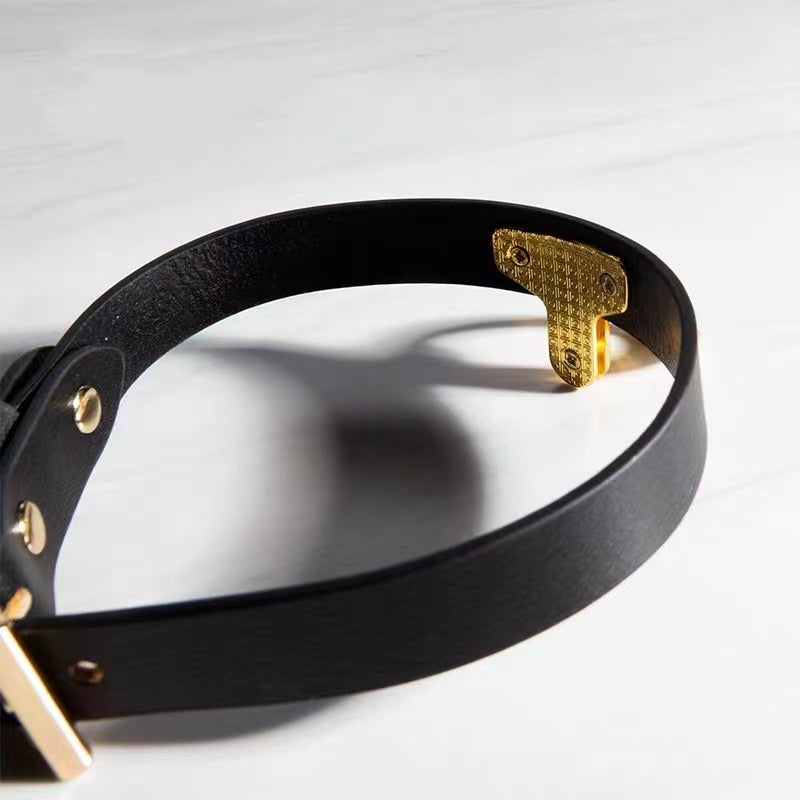 Gold O-Ring Premium Leather Bondage Collar with Leash